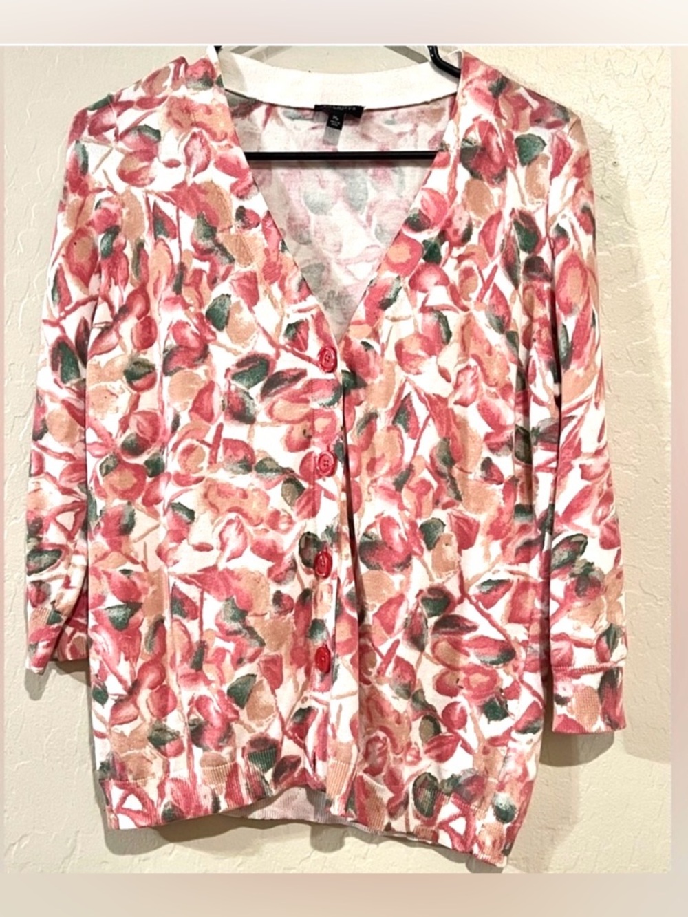 Talbots Petite Floral Sweater Pink Coral Button Front Cardigan -Size MP